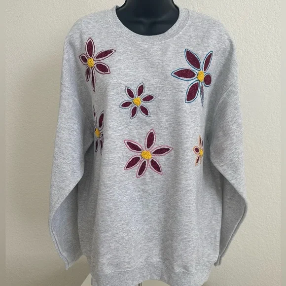 Boho Cottagecore Hand Embroidered Floral Sweatshirt One of a Kind Women’s L - Picture 1 of 10